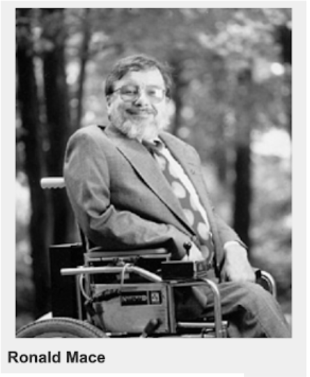 Black and white photo of Ronald Mace. He is wearing a suit and tie. He is in a wheelchair.