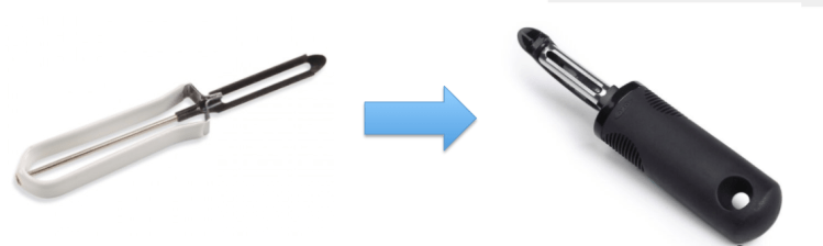 on the left, an old-fashioned potato peeler. On the right, a newer one with a wide, rubber grip. There is an arrow between them.